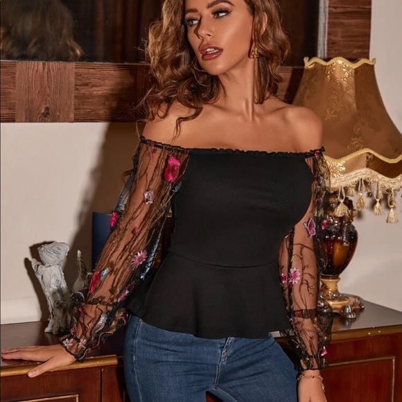 Boho off shoulder floral embroidered mesh top - Picture 6 of 6